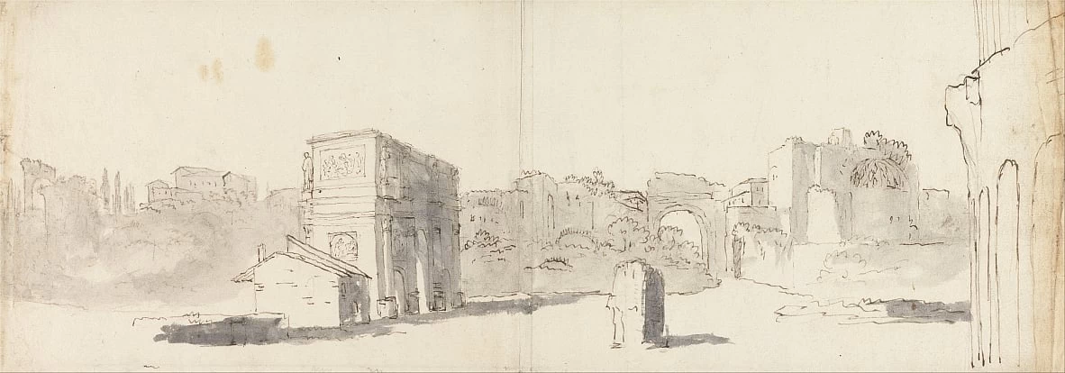 Studio, vista dell'arco di Costantino con altre rovine a Roma